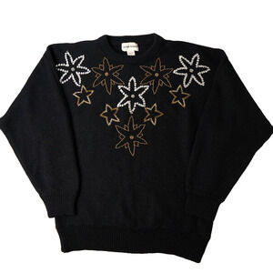 Vtg Alfred Dunner Black Sweater Women’s L Sequin Star Floral Embellished beaded